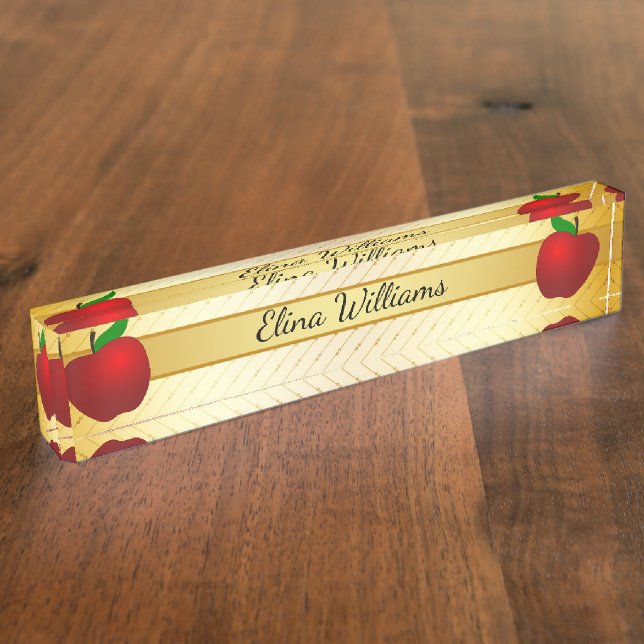 Teacher Red Apple Gold Classic Confetti Nameplate (Side)