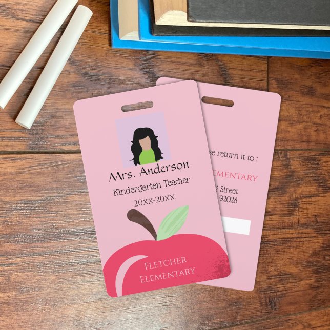 Teacher Red Apple Photo ID Badge (Red apple teacher vertical pink photo ID badge .)