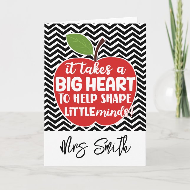 Teacher red apple takes a Big heart book chevron Thank You Card (Front)