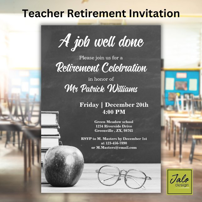 Teacher Retirement Chalkboard Apple Books Noir  Invitation (Creator Uploaded)