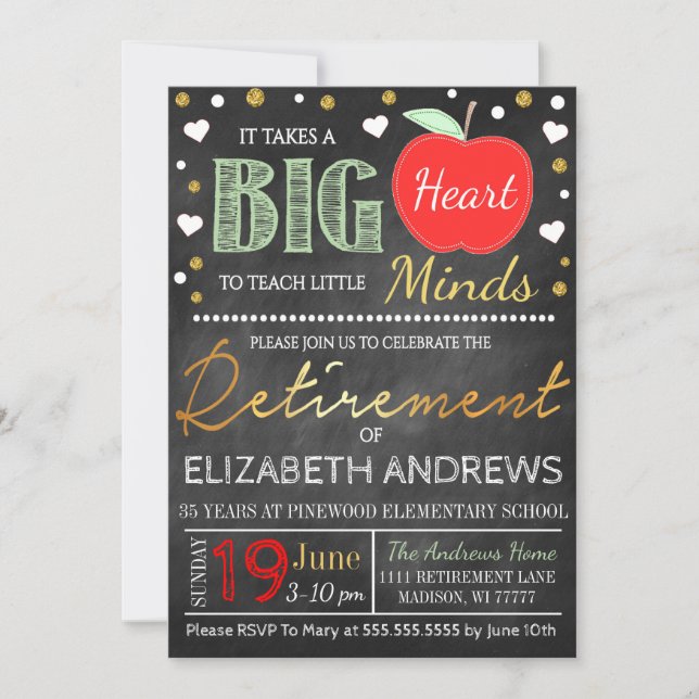 Teacher Retirement Chalkboard Takes a Big Heart Invitation (Front)