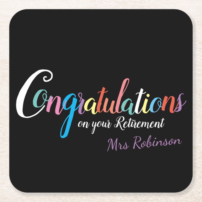 Teacher retirement congratulations square paper coaster (Front)