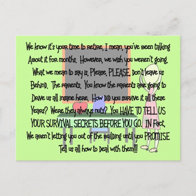 Teacher Retirement "Insane Parents" Story Art Gift Postcard (Front)