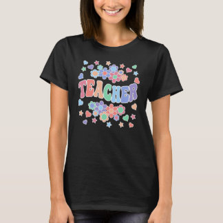 TEACHER-Retro Groovy, Flowers, Hearts, Stars T-Shi T-Shirt