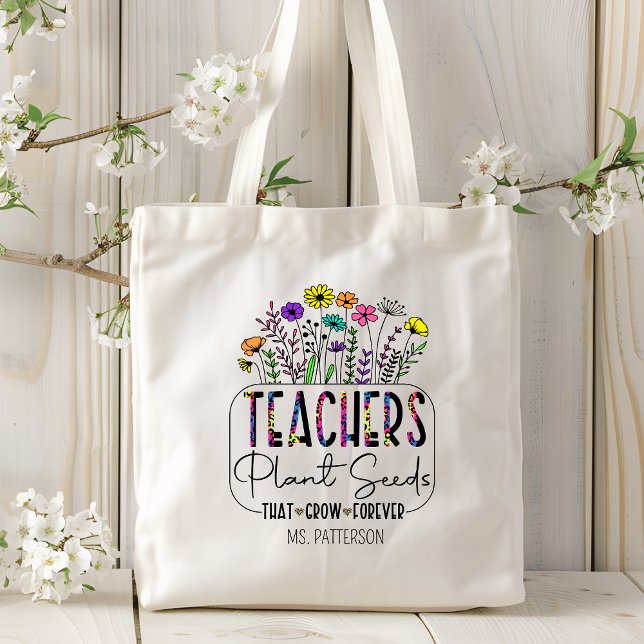 Teacher Sayings Modern Flower Personalised Name Tote Bag (Creator Uploaded)