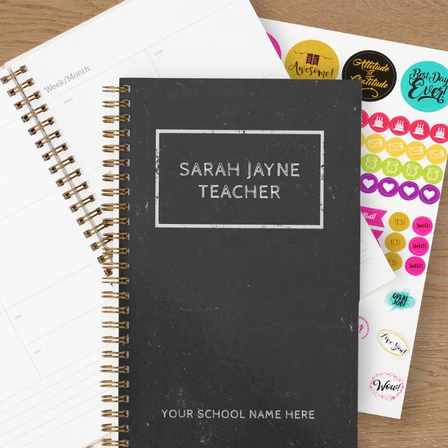Teacher School Name Rustic Faux Chalkboard Black Planner (Perfect planner for the teacher! Just add your name and the name of your school)