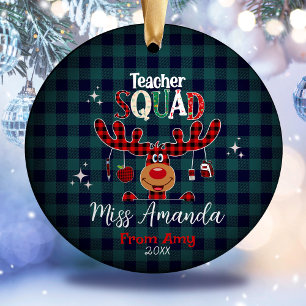 Teacher squad Christmas blue red baffalo plaid Ceramic Tree Decoration