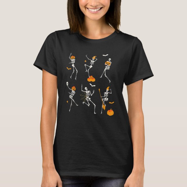 Teacher Squad Retro Halloween Skeleton Dance Pumpk T-Shirt (Front)