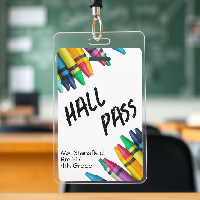 Teacher Student Crayon Class Bathroom Hall Pass ID Badge (white crayon school teacher student hall pass badge)