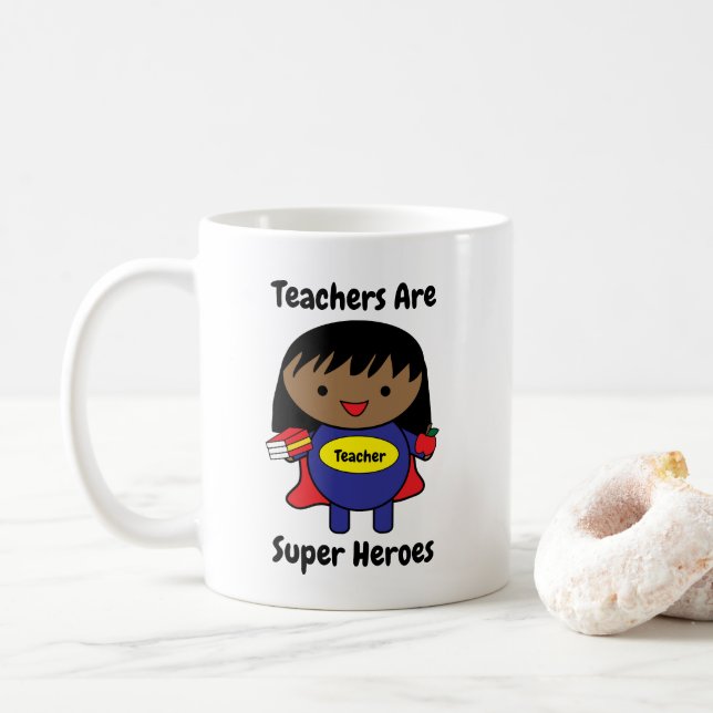Teacher Super Hero Black Woman Personalise Coffee Mug (With Donut)