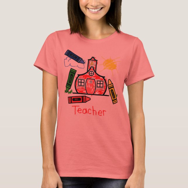 Teacher T Shirt - Schoolhouse and Crayons (Front)
