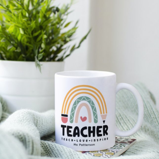 Teacher Teach Love Inspire Rainbow Personalised Coffee Mug (Creator Uploaded)