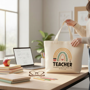 Teacher Teach Love Inspire Rainbow Personalised Large Tote Bag