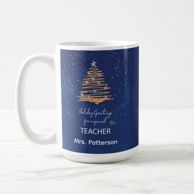 Teacher Thank You Christmas Ornament with Navy Tre Coffee Mug (Left)