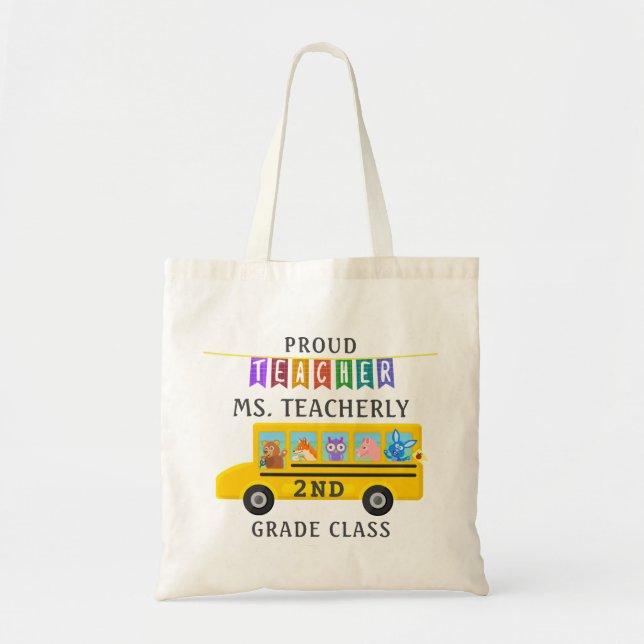 Teacher Thank You Custom Name | Cute Animals Bus Tote Bag (Front)
