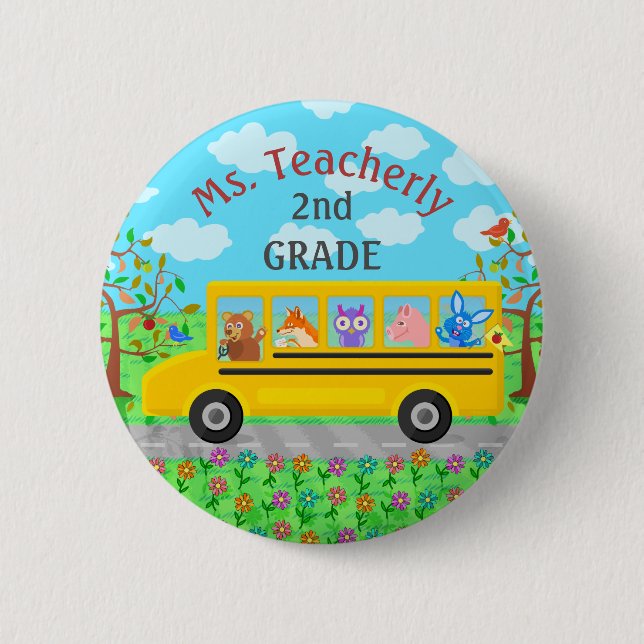 Teacher Thank You Custom Name | Cute Bus Animals 6 Cm Round Badge (Front)