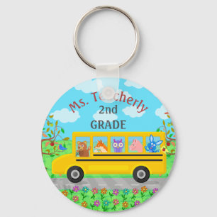Teacher Thank You Custom Name Cute Bus Animals Key Ring