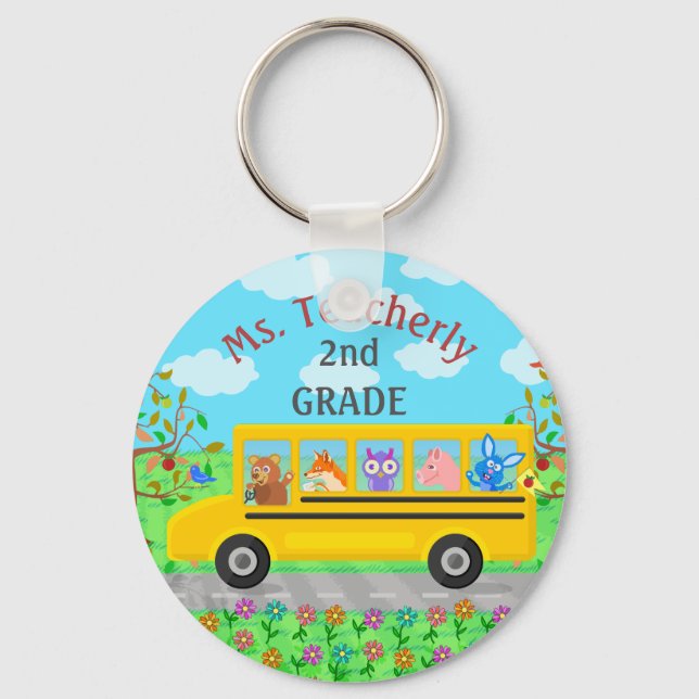 Teacher Thank You Custom Name | Cute Bus Animals Key Ring (Front)