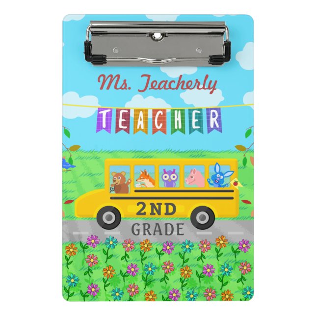 Teacher Thank You Custom Name | Cute Bus Animals Mini Clipboard (Front)