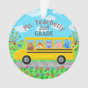 Teacher Thank You Custom Name   Cute Bus Animals Ornament