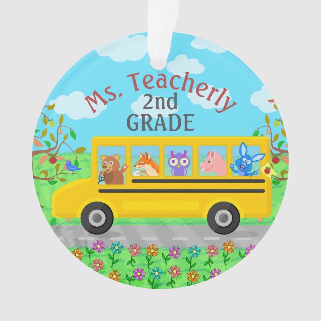 Teacher Thank You Custom Name | Cute Bus Animals Ornament (Front)