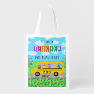 Teacher Thank You Custom Name   Cute Bus Animals Reusable Grocery Bag