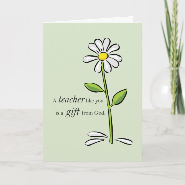 Teacher Thank You, Religious Green Daisy, God Thank You Card (Front)
