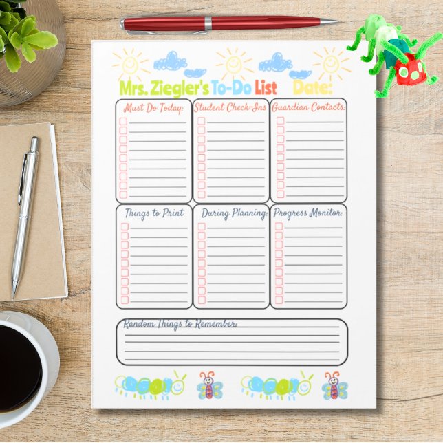 Teacher to-do list personalised crayon art notepad (Fully Customizable Personalized Teacher To Do List with crayon drawings for elementary teacher)