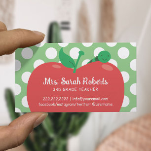 Teacher Tutor Cute Apple & Worm Polka Dots Green Business Card