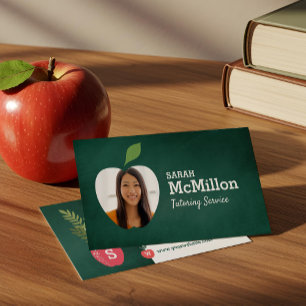 Teacher Tutoring Green Chalkboard Apple Photo Business Card