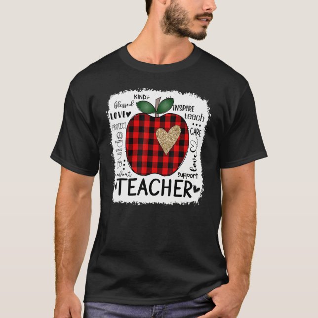 Teacher Typography Apple Red Plaid Valentine's Day T-Shirt (Front)