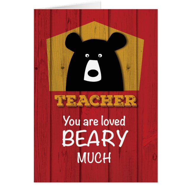 Teacher, Valentine Bear Wishes on Red Wood Grain (Front)