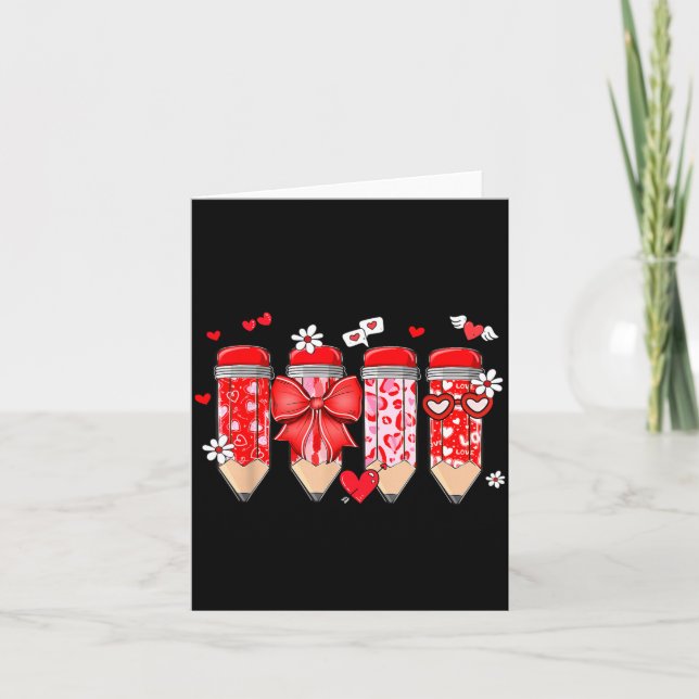 Teacher Valentine Coquette Bow Pencil Teacher Vale Card (Front)
