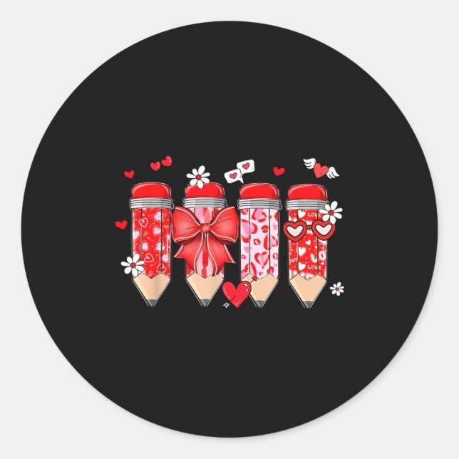Teacher Valentine Coquette Bow Pencil Teacher Vale Classic Round Sticker (Front)