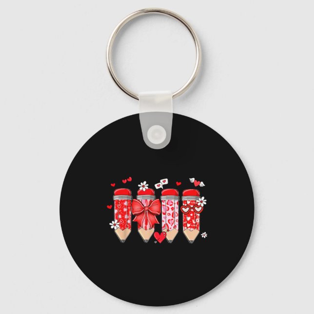 Teacher Valentine Coquette Bow Pencil Teacher Vale Key Ring (Front)