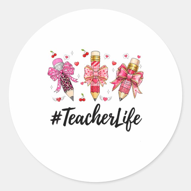 Teacher Valentine Coquette Bow Teacher Valentines  Classic Round Sticker (Front)