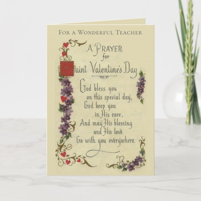 Teacher Valentine Religious Prayer Floral  Holiday Card (Front)