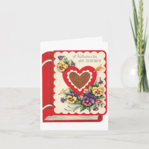 Teacher Valentine, Vintage Book Hearts and Flowers Holiday Card