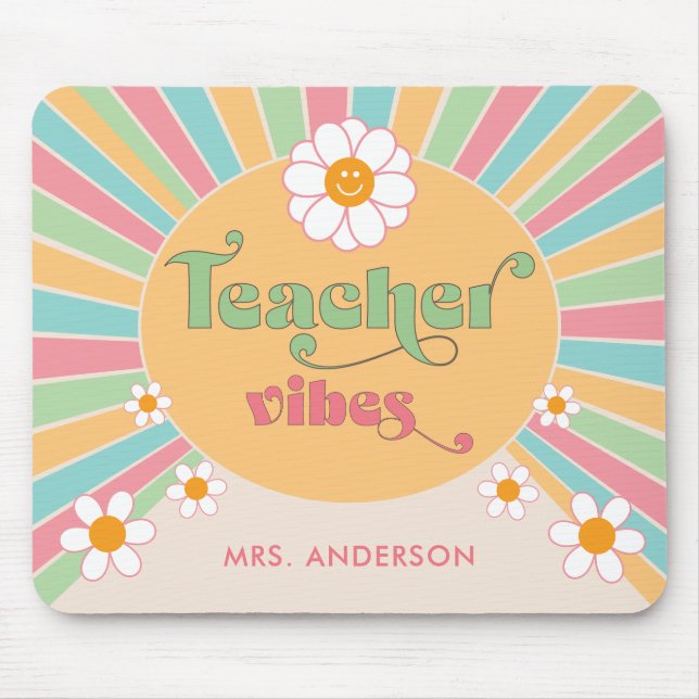 Teacher Vibes Colourful 70s Retro Sun Mouse Mat (Front)