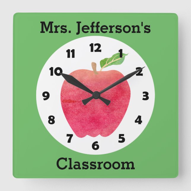 Teacher Watercolor Apple Personalised Green Class Square Wall Clock (Front)