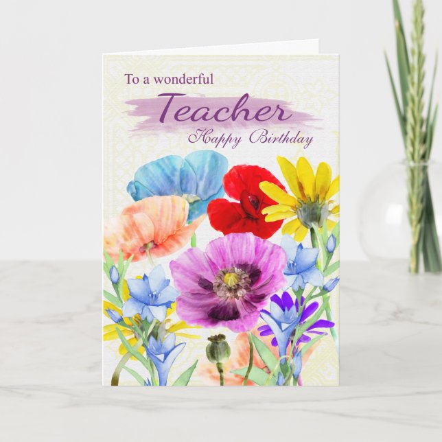 Teacher Watercolor Wild Flowers Birthday Card (Front)