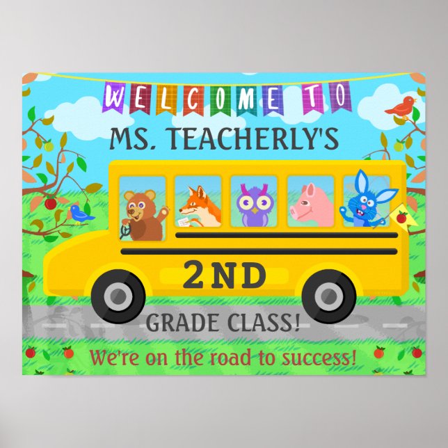Teacher Welcome Sign for Classroom Cute Animal Bus (Front)