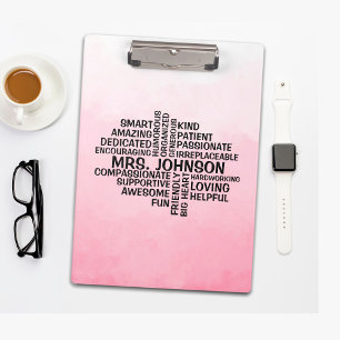 Teacher Word Cloud Pink Ombre Clipboard