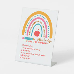 #Teacherlife Rainbow Personalised Classroom Rules Pedestal Sign