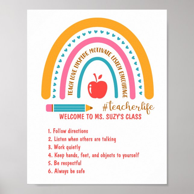 #Teacherlife Rainbow Personalised Classroom Rules  Poster (Front)