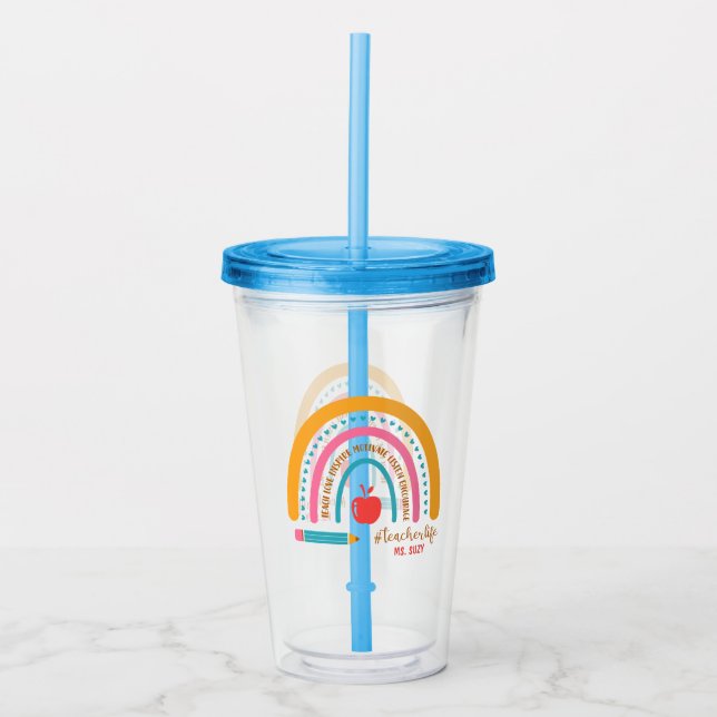 #Teacherlife Rainbow Personalised Teacher's Acrylic Tumbler (Front)