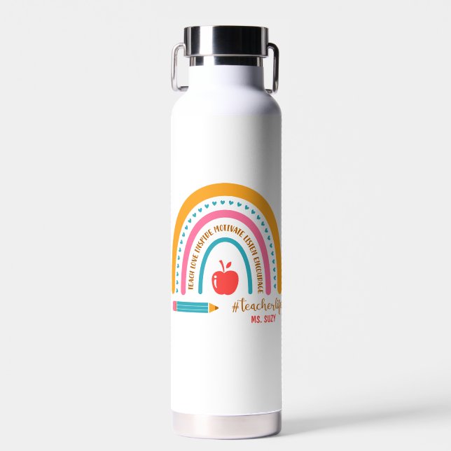 #Teacherlife Rainbow Personalised Teacher's Water Bottle (Front)