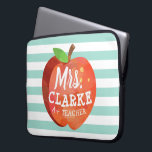 Teacher's Apple | Custom Name Laptop Sleeve<br><div class="desc">A fun and lighthearted seafoam green striped laptop case featuring a stylised apple illustration. Inside of this apple is your favourite teacher's name in a playful style font.</div>