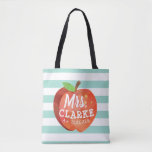 Teacher's Apple | Custom Name Tote Bag<br><div class="desc">A fun and lighthearted seafoam green striped bag featuring a stylised apple illustration. Inside of this apple is your favourite teacher's name in a playful style font.</div>