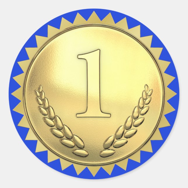 Teacher's Blue and Goild First Place Award Classic Round Sticker (Front)